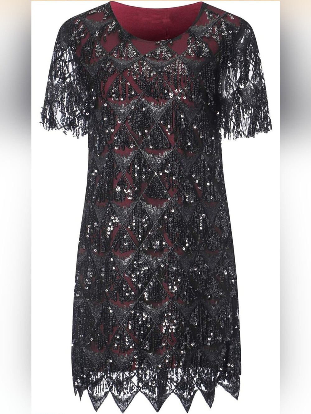 Black Sequin Lace Overlay Dress with Burgundy Underlay
